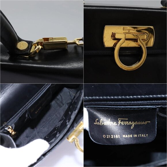 Salvatore Ferragamo Gancini Hand Bag Leather 2way Black Gold Auth MY114 - Picture 15 of 15